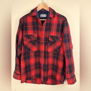 VTG Sears Roebuck & Co Wool Blend Long Sleeve Red / Navy Blue Plaid Men's M FLAW